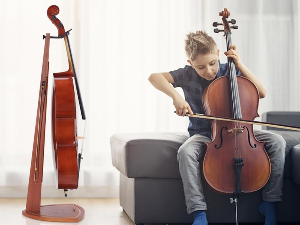Mahogany Wood Cello Stand with Bow Holder W768