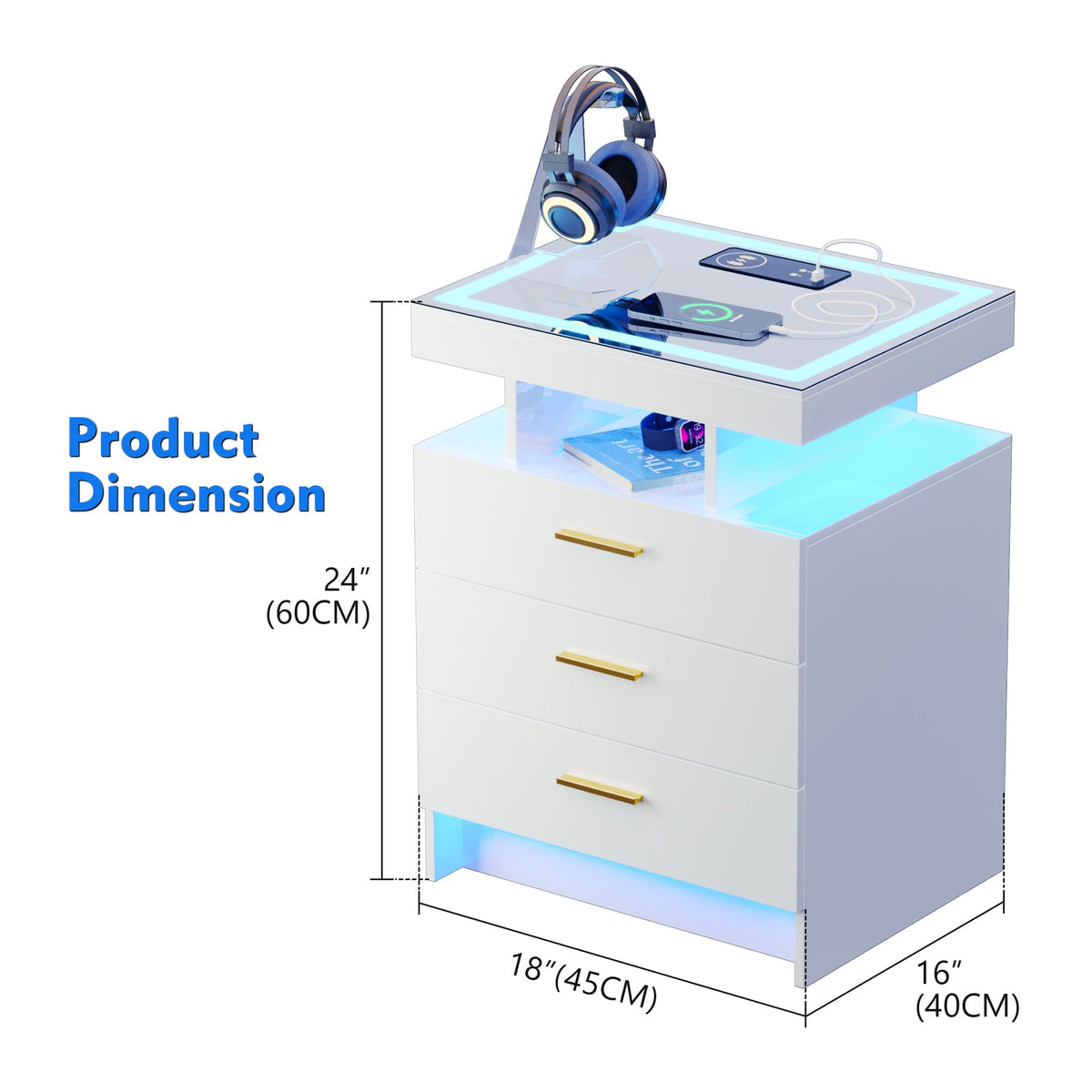White LED Nightstand with Wireless Charging Station M85301
