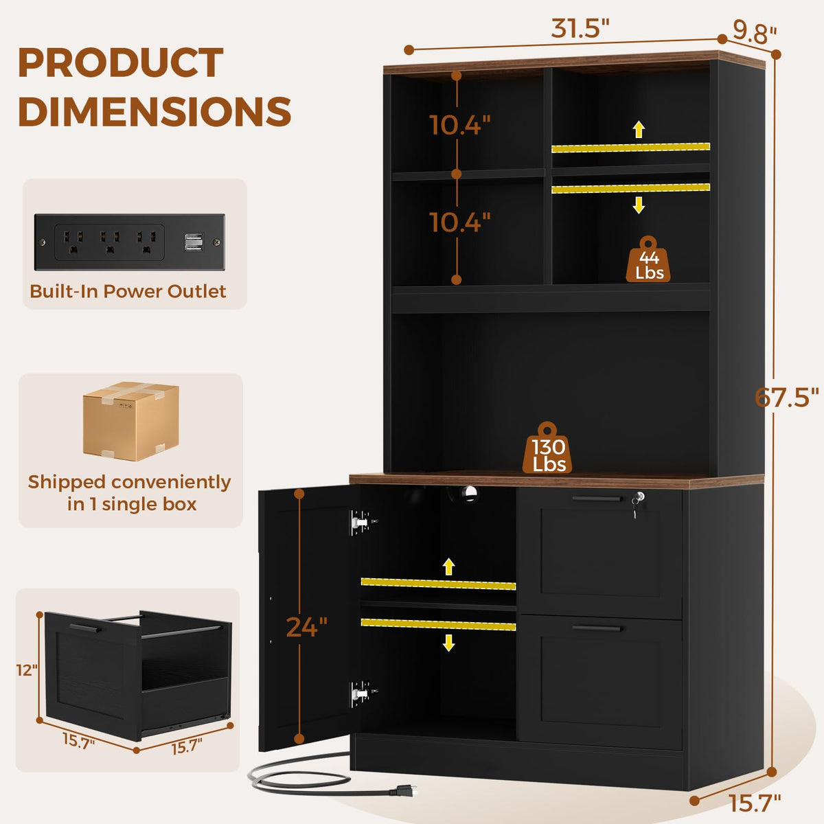 Black Vertical File Cabinet Bookcase with Printer Stand K4115