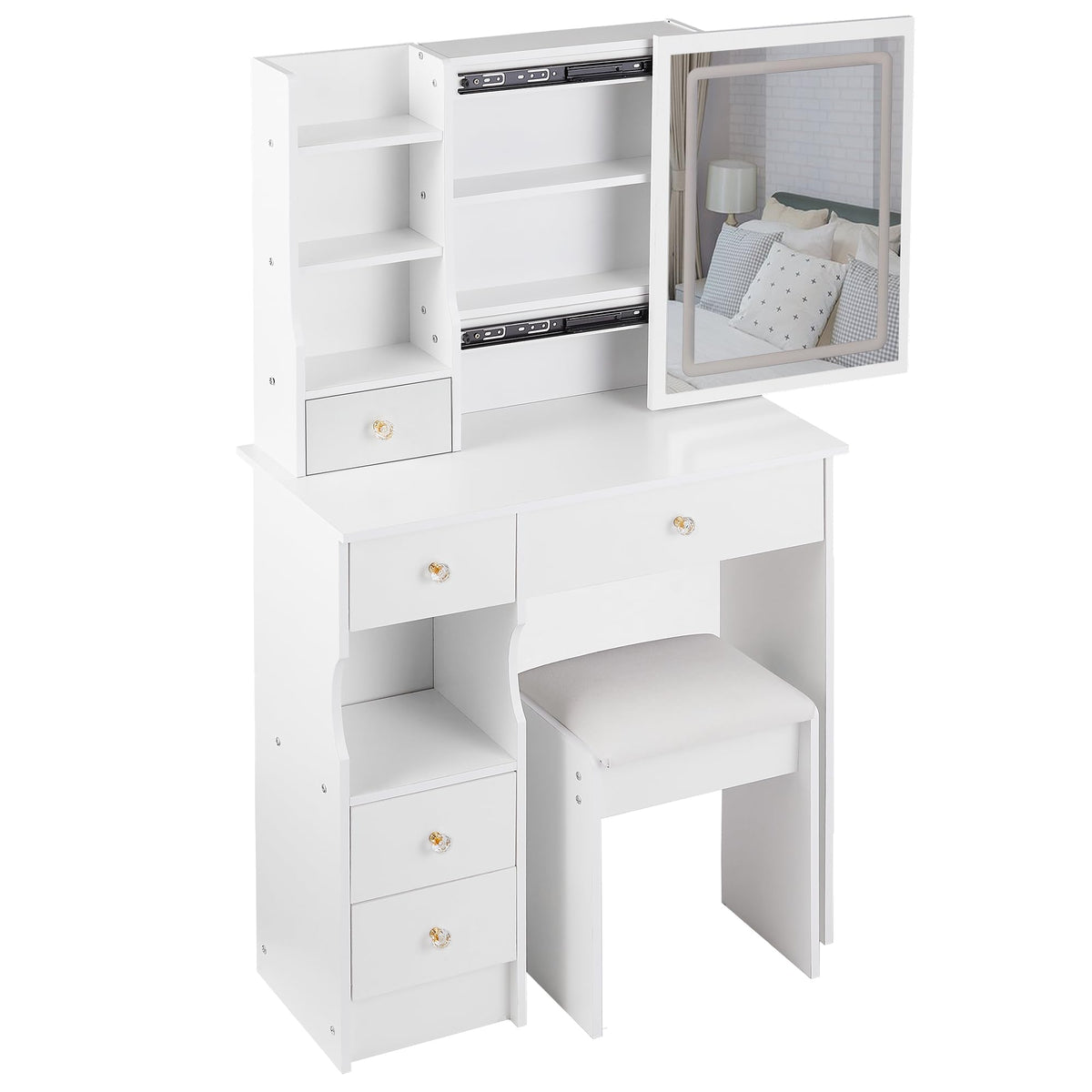 White Vanity Desk with Lighted Mirror and Stool Y34006