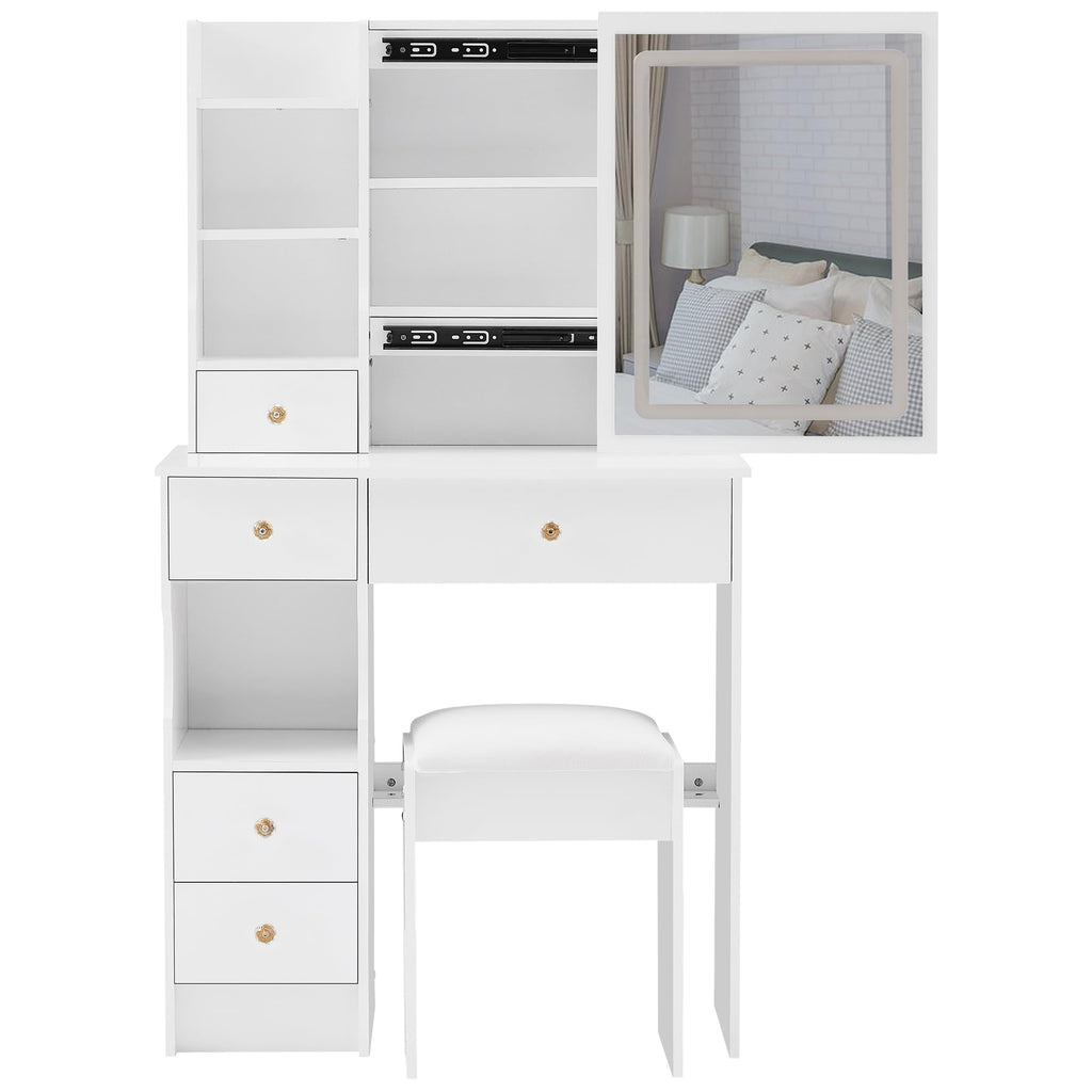 White Vanity Desk with Lighted Mirror and Stool Y34006