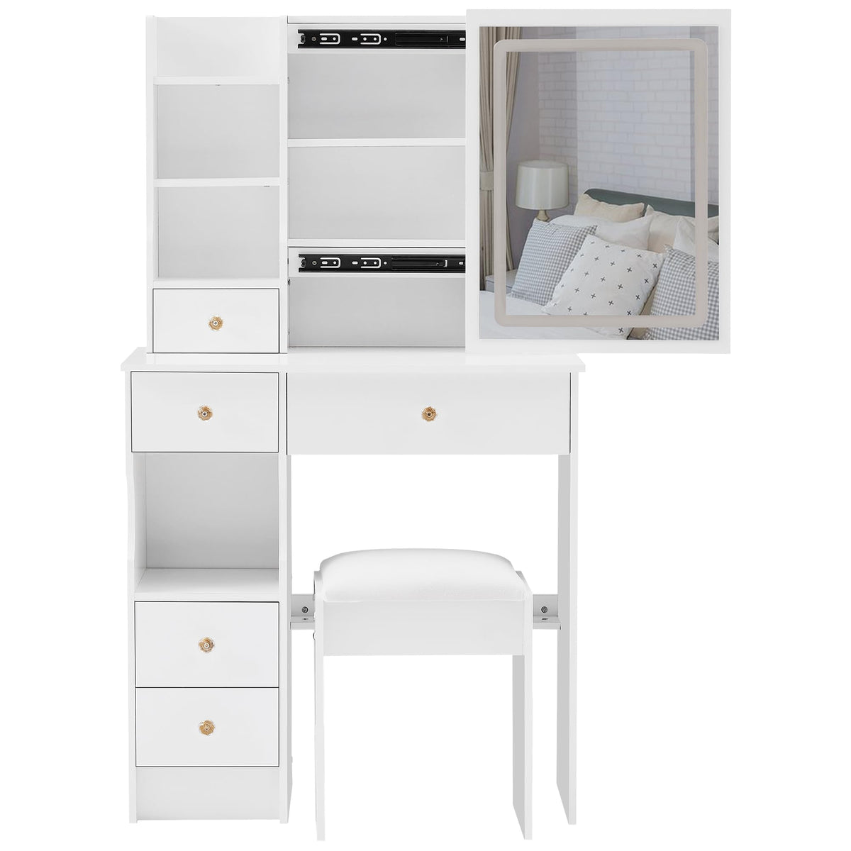 White Vanity Desk with Lighted Mirror and Stool Y34006