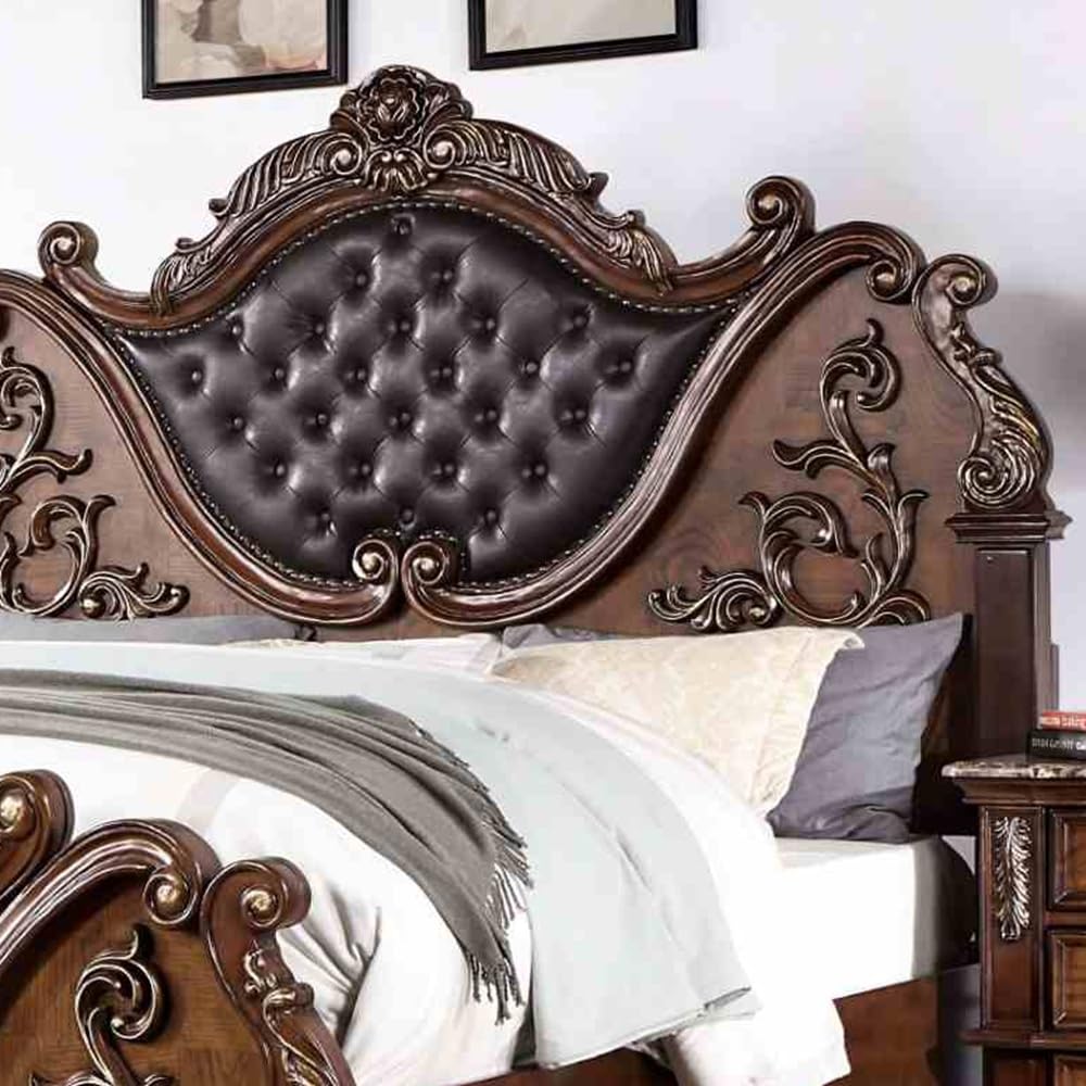 Brown Cherry California King Size Tufted Leatherette Bed V2937