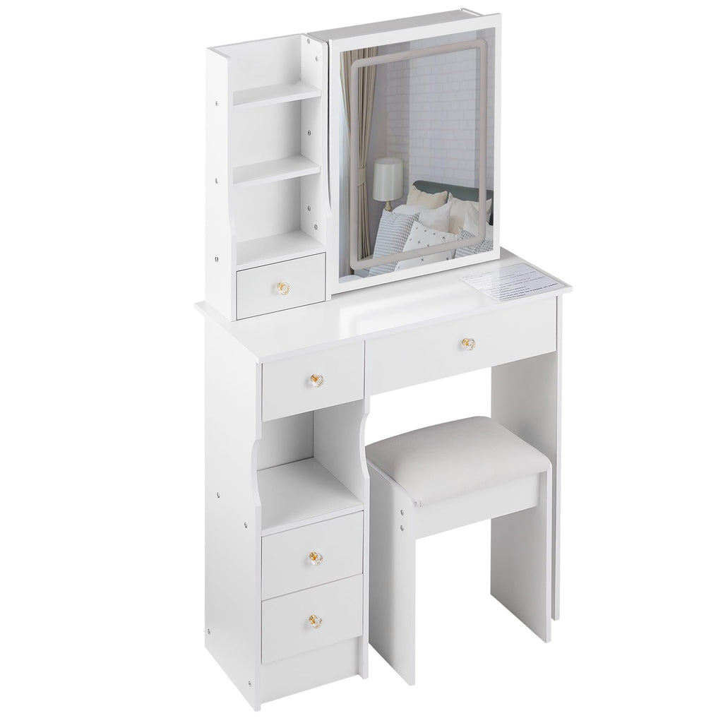 White Vanity Desk with Lighted Mirror and Stool Y34006