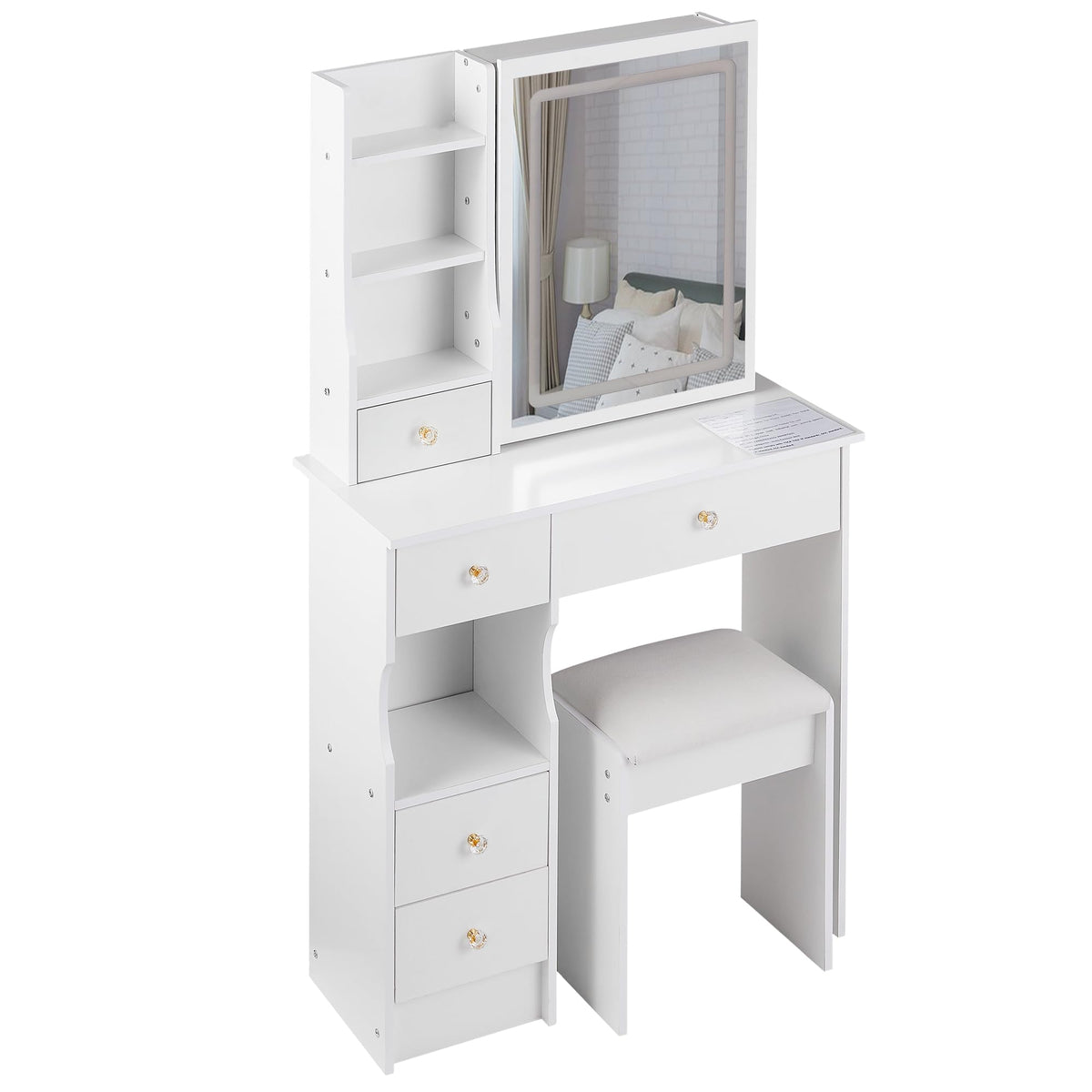 White Vanity Desk with Lighted Mirror and Stool Y34006