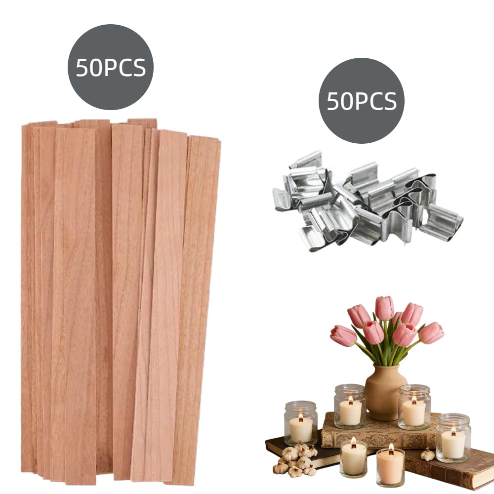 100-Pack Natural Wooden Candle Wicks with Metal Clips B367017