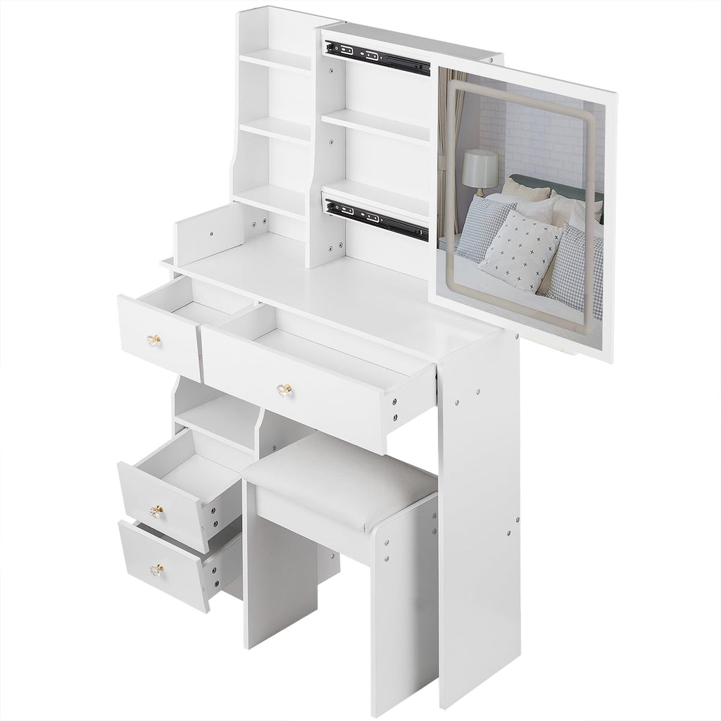 White Vanity Desk with Lighted Mirror and Stool Y34006