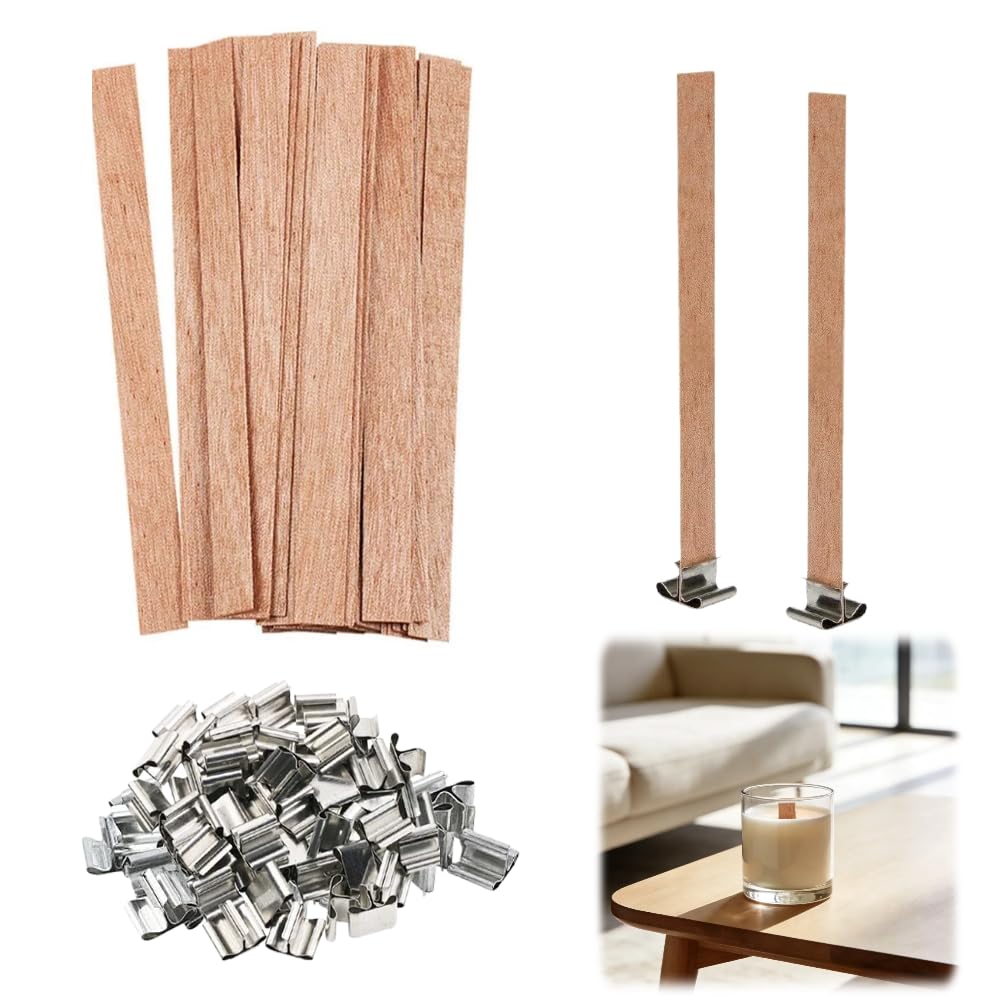 100-Pack Natural Wooden Candle Wicks with Metal Clips B367017