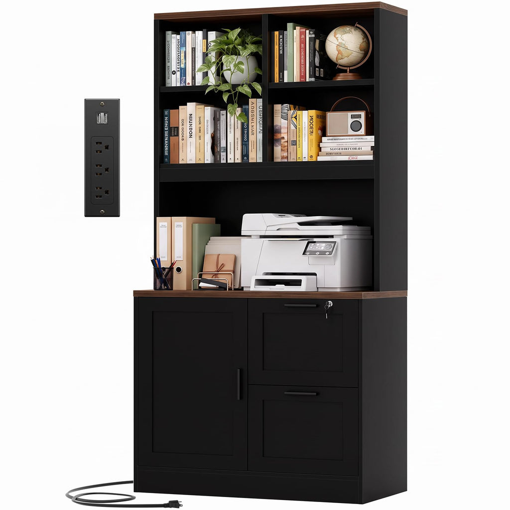 Black Vertical File Cabinet Bookcase with Printer Stand K4115