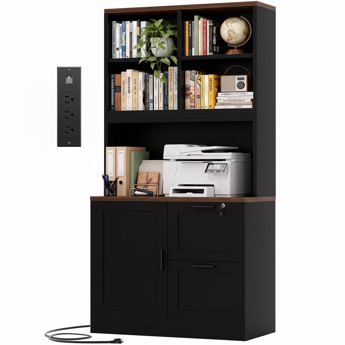 Black Vertical File Cabinet Bookcase with Printer Stand K4115