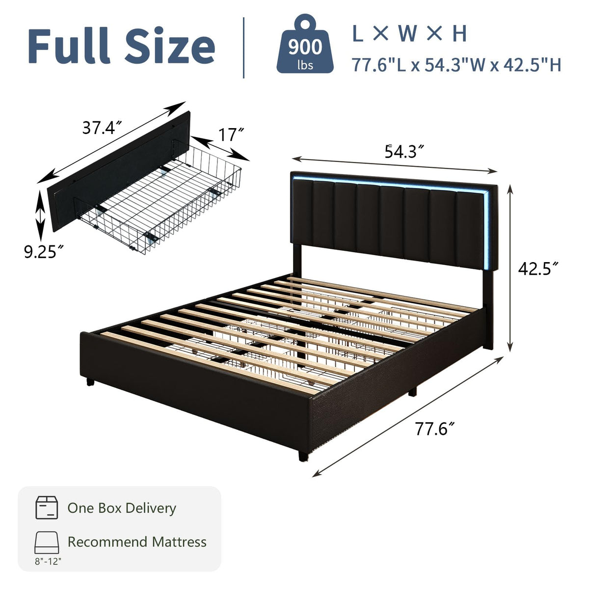 Black Full Size Upholstered Bed Frame with 4 Drawers and LED Lights X5537