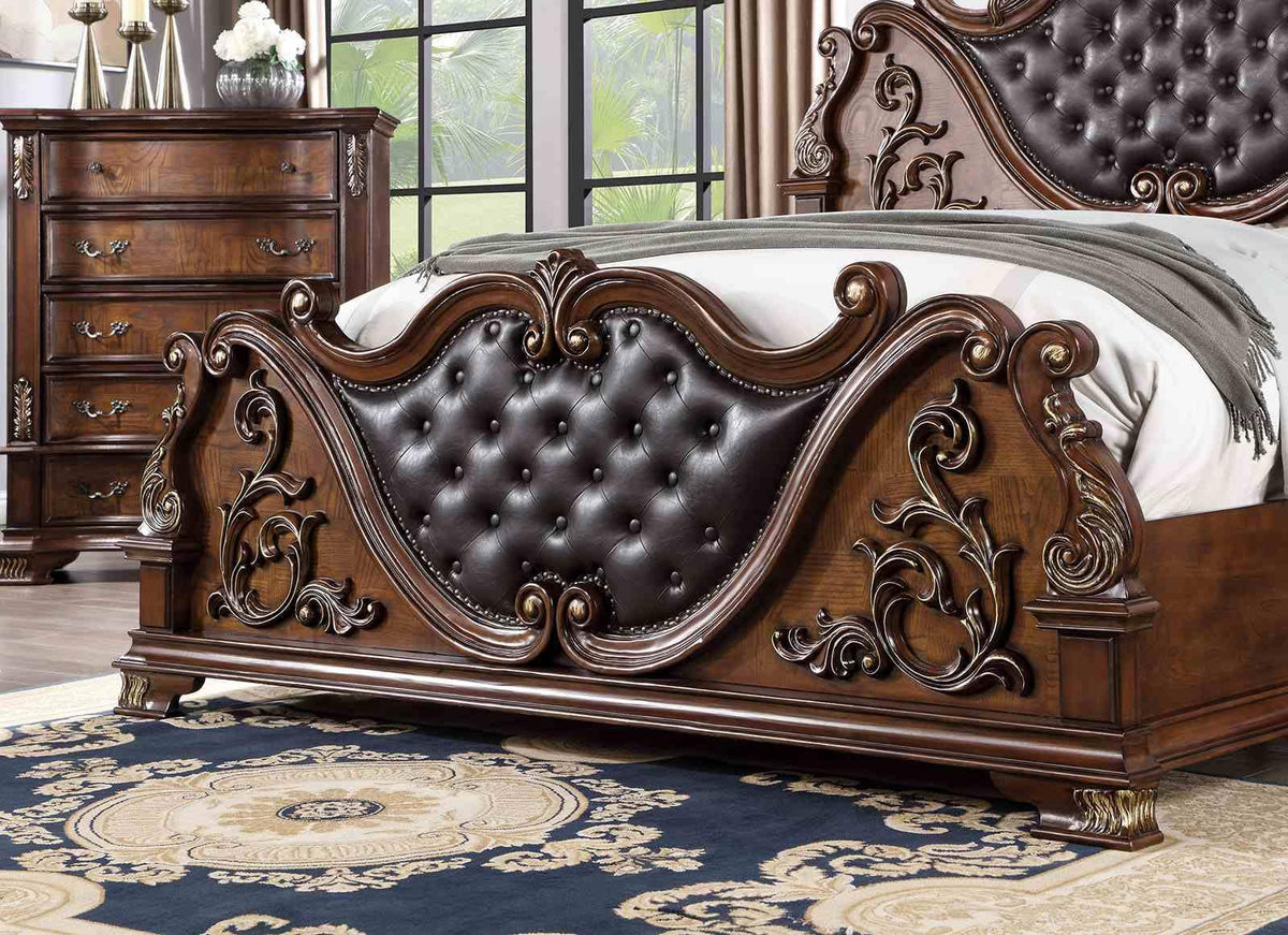 Brown Cherry California King Size Tufted Leatherette Bed V2937