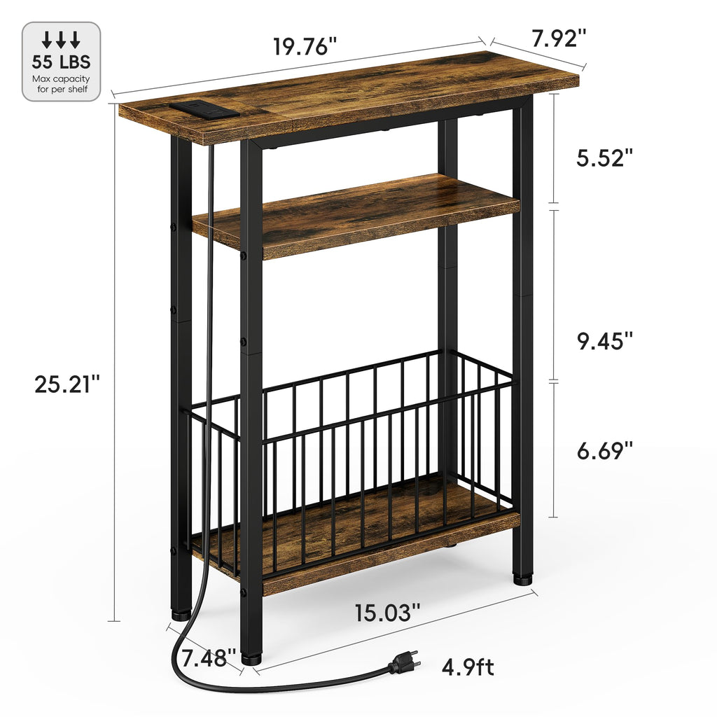 Narrow 3-Tier Side Table with Charging Station T895