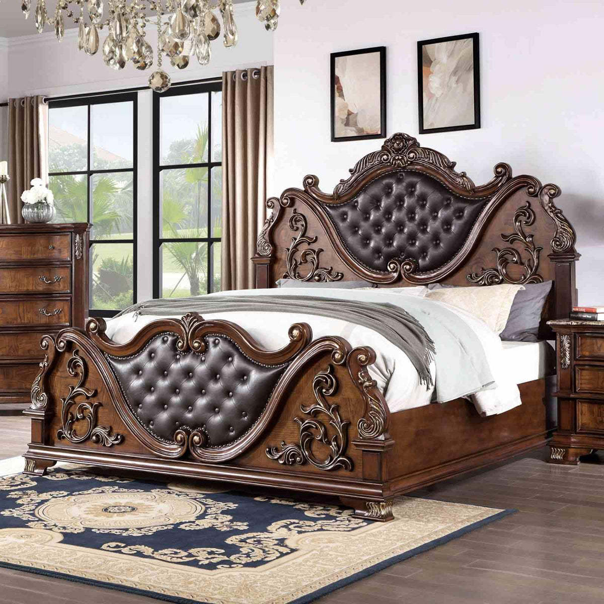 Brown Cherry California King Size Tufted Leatherette Bed V2937
