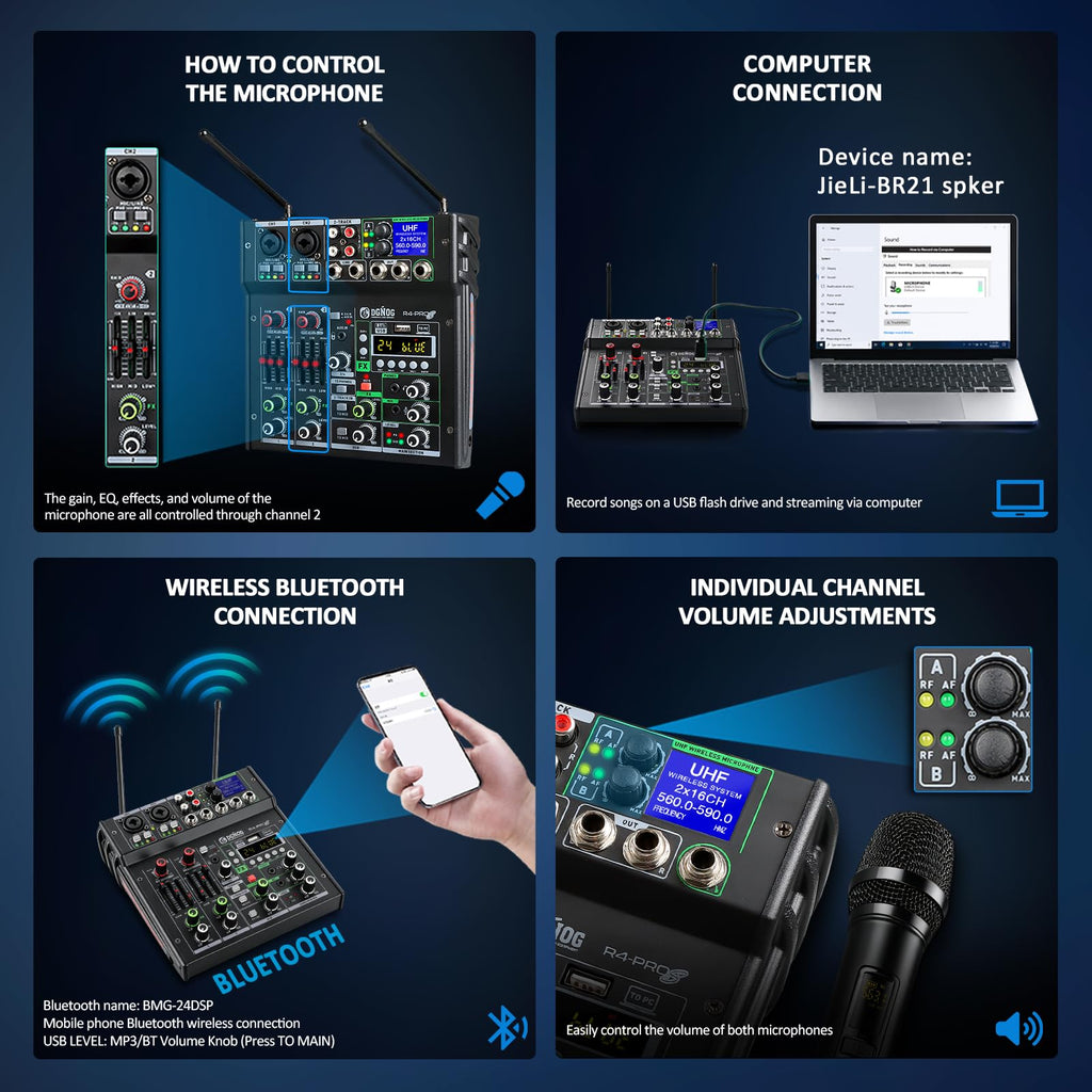 4 Channel Karaoke Mixer with 2 Wireless Microphones C3374