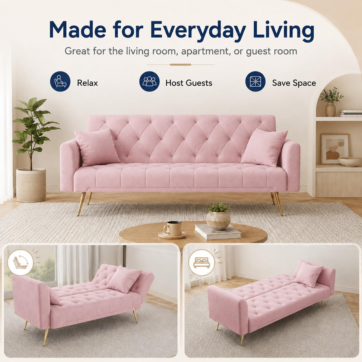 Pink Velvet Futon Sofa Bed Z284