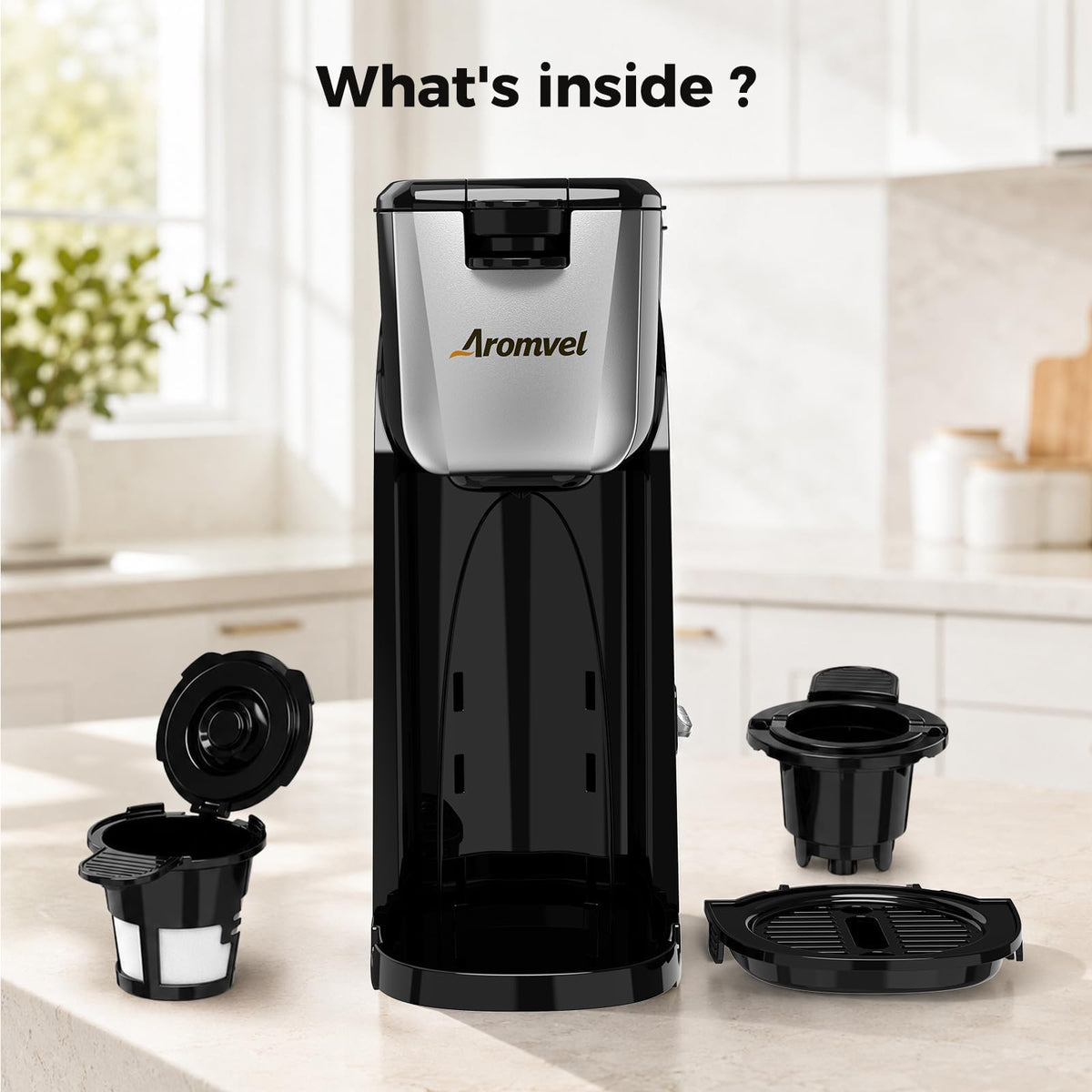 2-in-1 Single Serve Coffee Maker, K Cup & Ground, 6-14 oz, Silver R2159