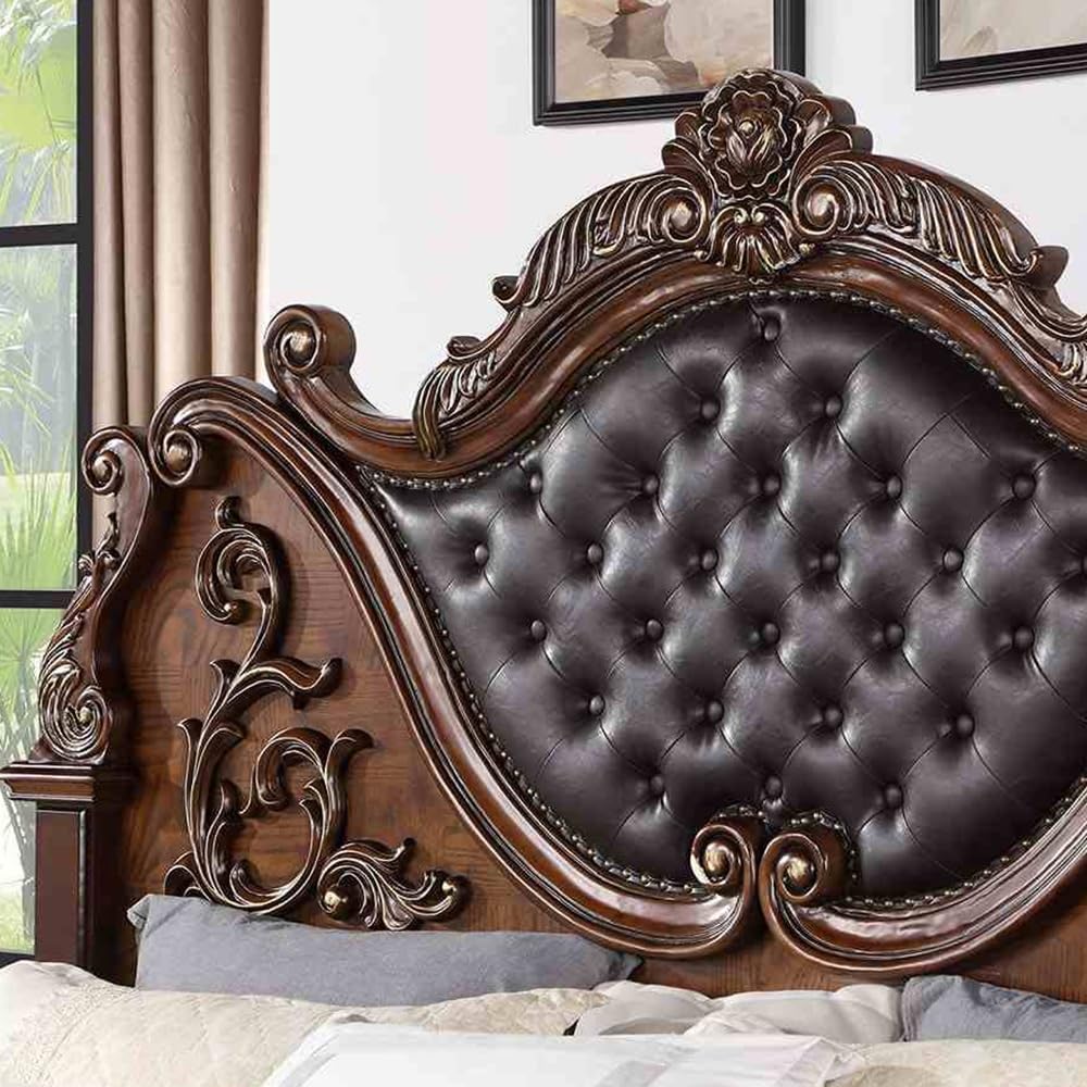 Brown Cherry California King Size Tufted Leatherette Bed V2937