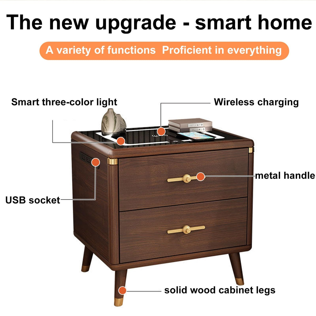 Solid Wood Nightstand with Wireless Charging Station and 2 Drawer Storage R327694