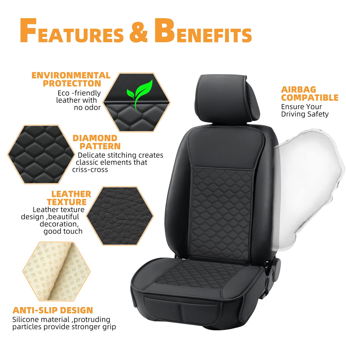 Leather Waterproof Car Seat Cover Full Set Black U84272