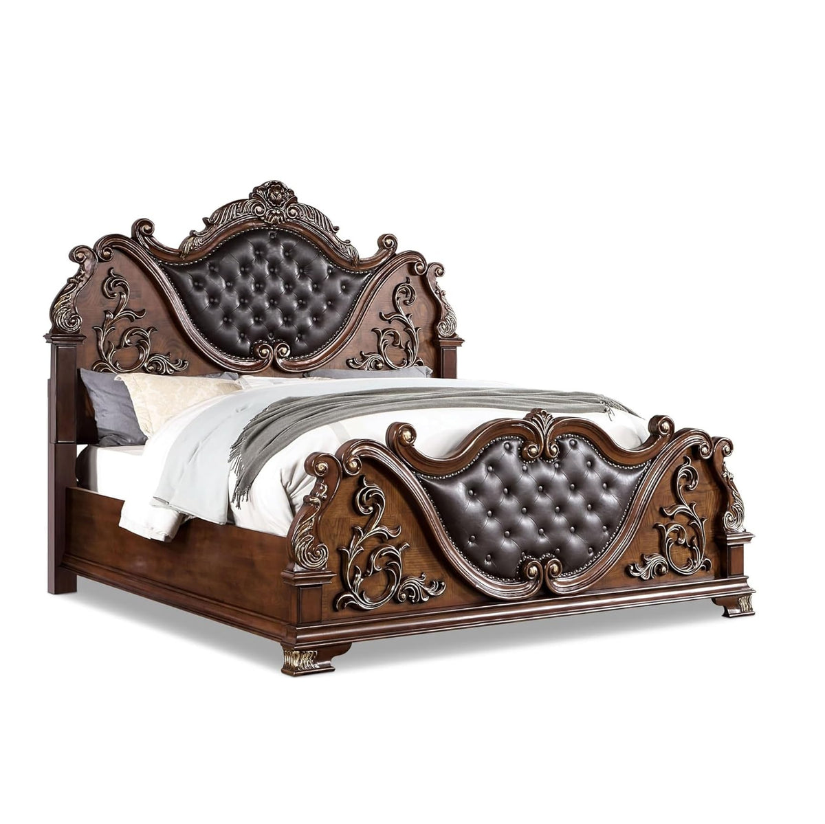 Brown Cherry California King Size Tufted Leatherette Bed V2937
