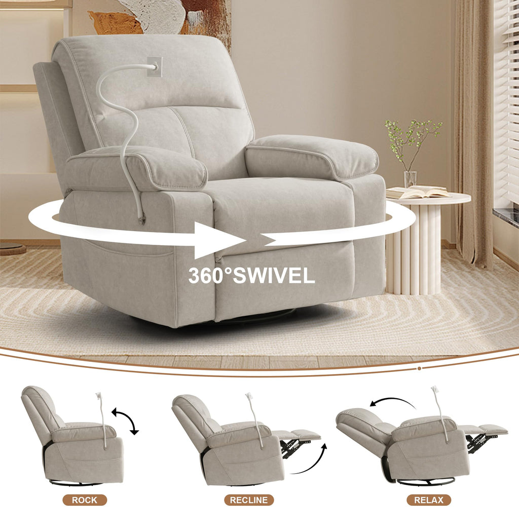 Beige Velvet Swivel Rocker Recliner Chair I452