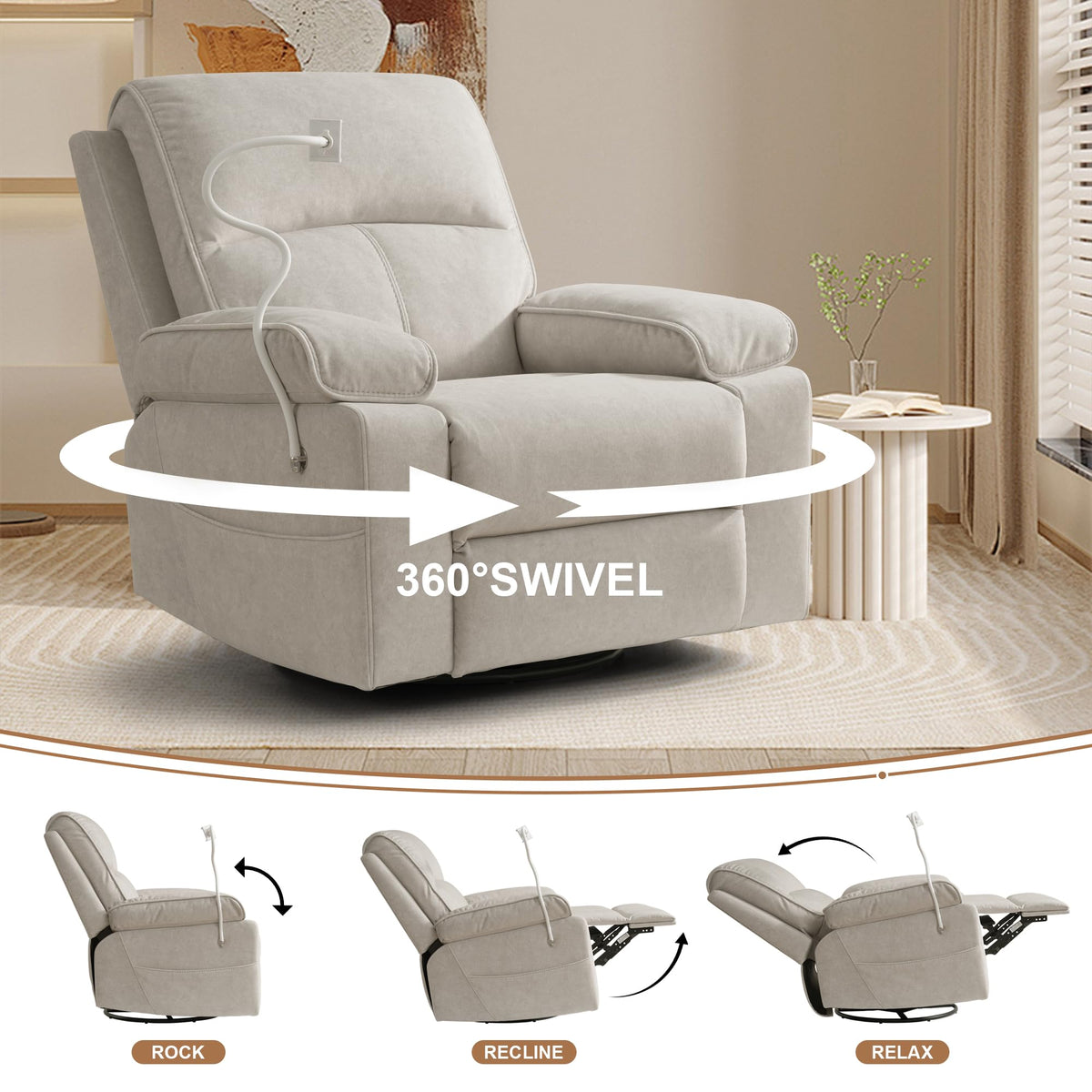 Beige Velvet Swivel Rocker Recliner Chair I452