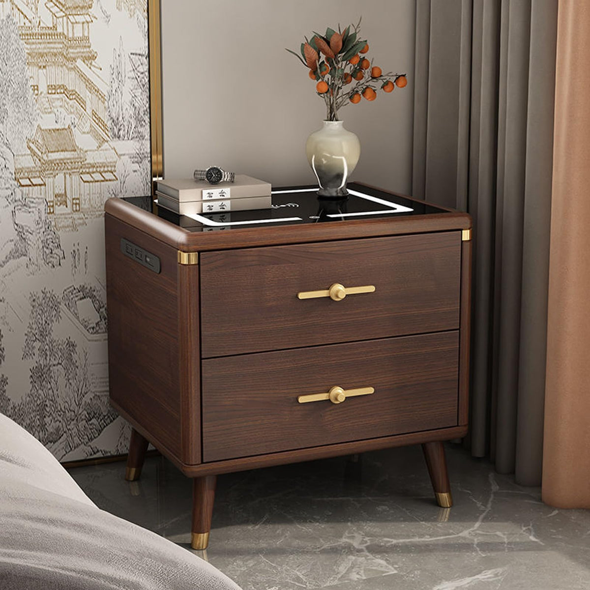 Solid Wood Nightstand with Wireless Charging Station and 2 Drawer Storage R327694