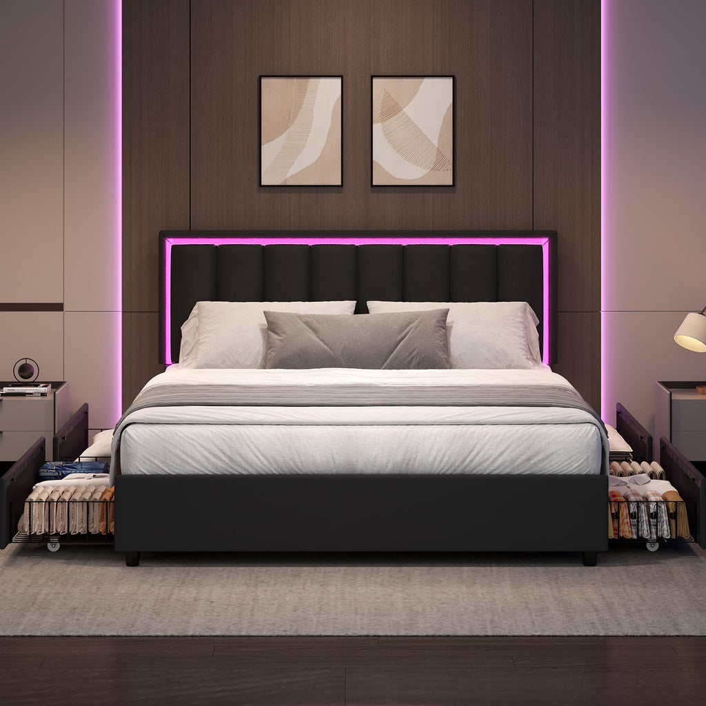 Black Full Size Upholstered Bed Frame with 4 Drawers and LED Lights X5537