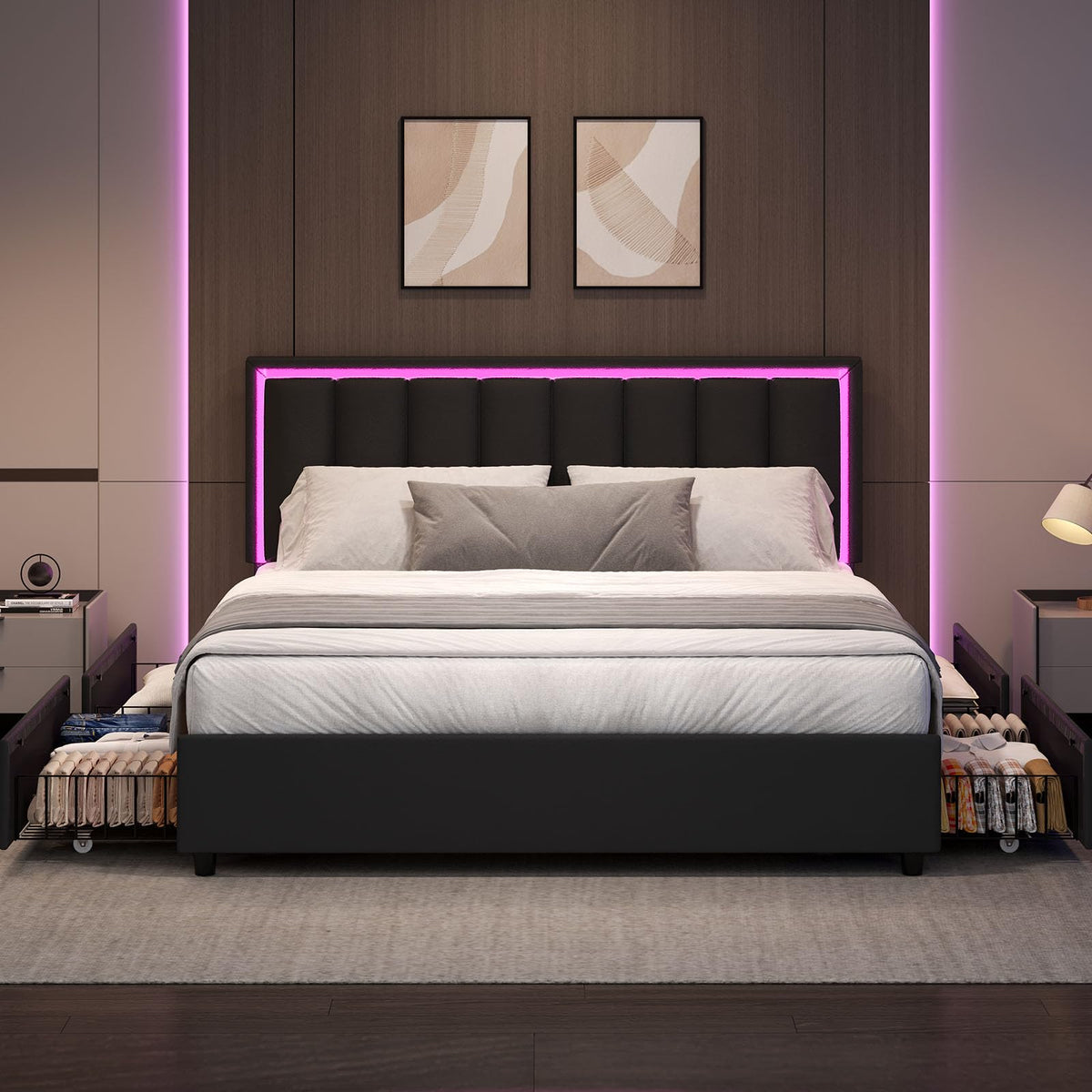 Black Full Size Upholstered Bed Frame with 4 Drawers and LED Lights X5537