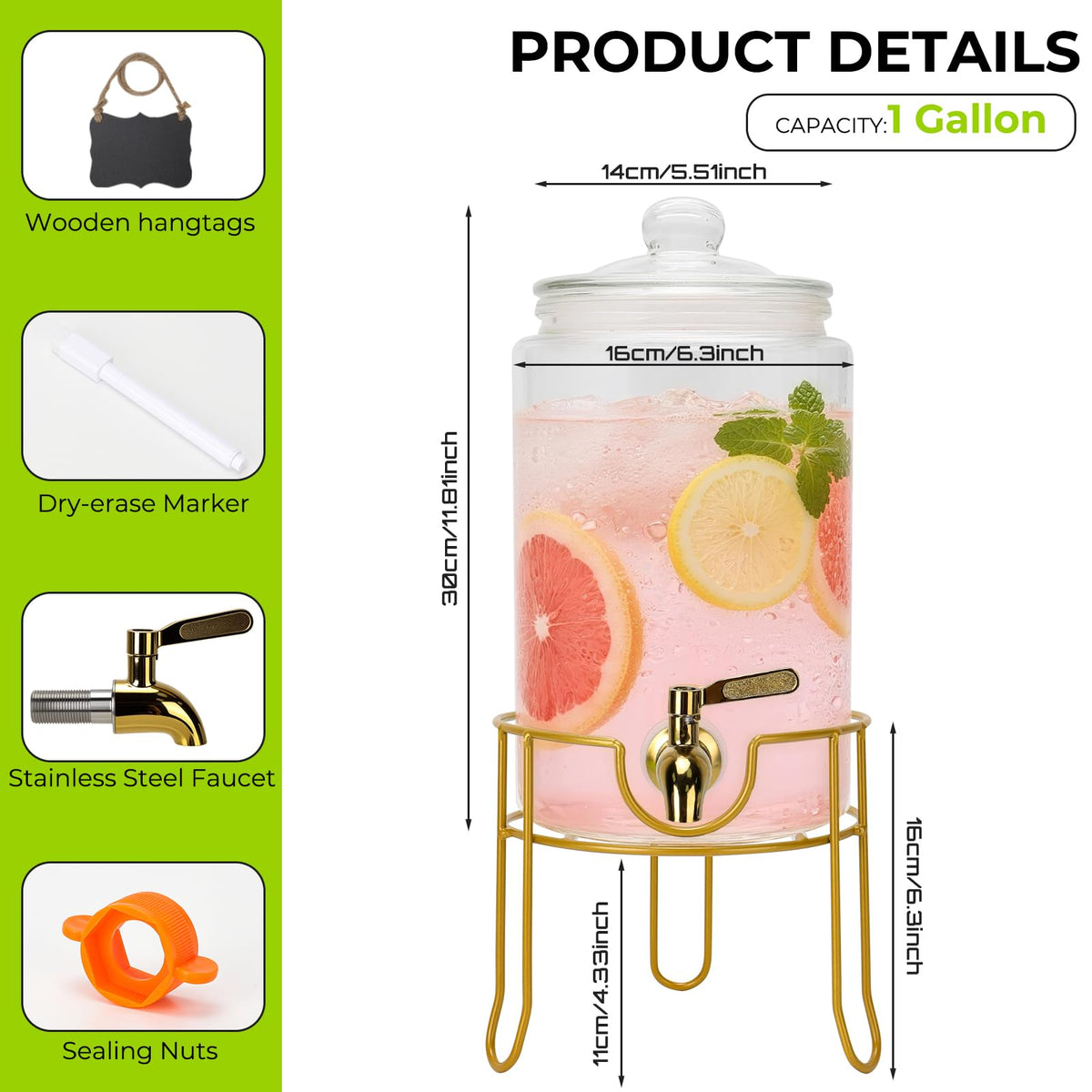 1 Gallon Glass Beverage Dispenser with Glass Airtight Lid and Stainless Steel Spigot W808874