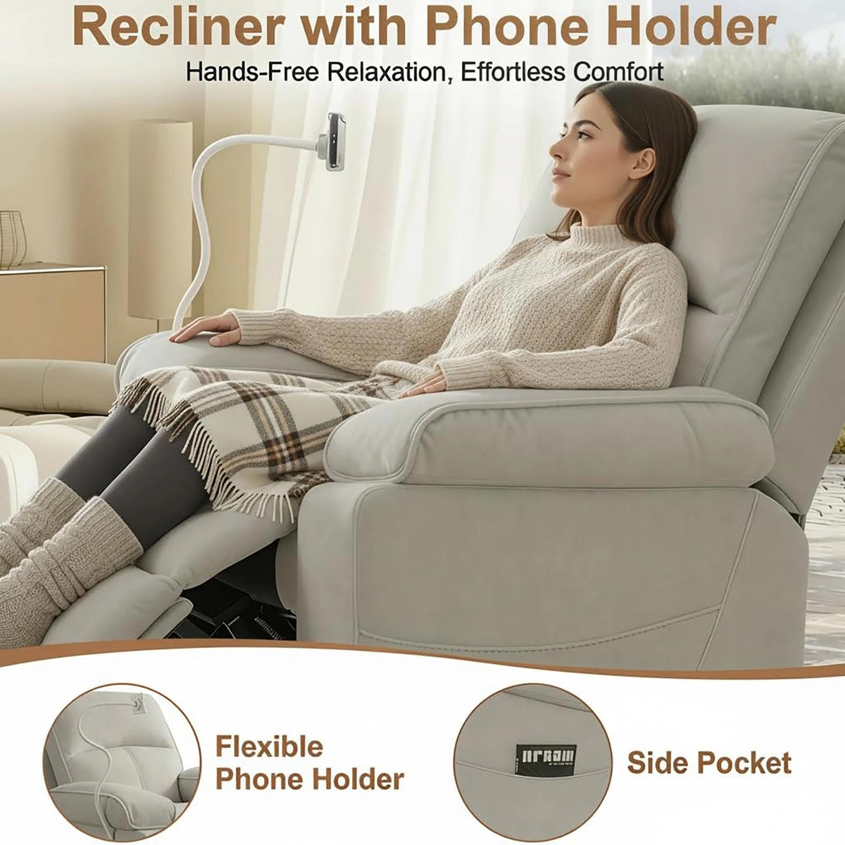 Beige Velvet Swivel Rocker Recliner Chair I452
