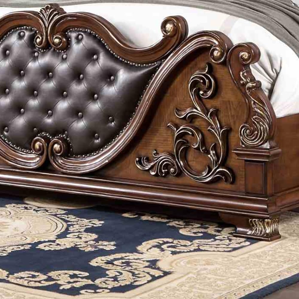 Brown Cherry California King Size Tufted Leatherette Bed V2937