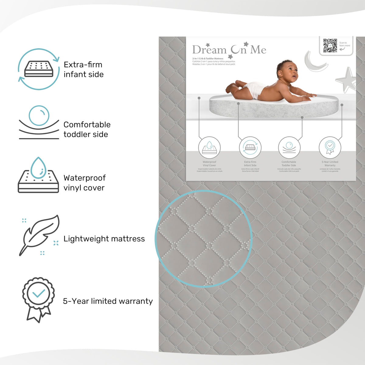 4” Firm Fiber Crib & Toddler Bed Mattress, Dual-Sided, Waterproof, Grey Embossed Vinyl Cover B2944