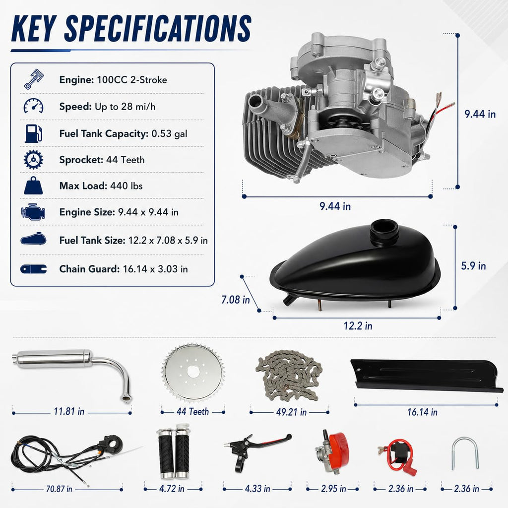 2-Stroke 100cc Gas Bicycle Engine Kit with 44 Tooth Sprocket D4270