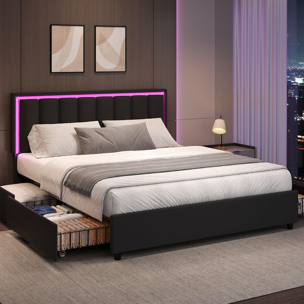 Black Full Size Upholstered Bed Frame with 4 Drawers and LED Lights X5537