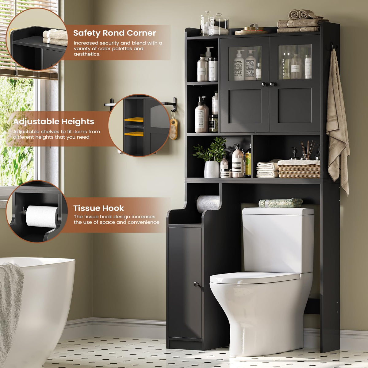 Over The Toilet Storage Cabinet with Glass Doors & Toilet Paper Holder Stand Z413