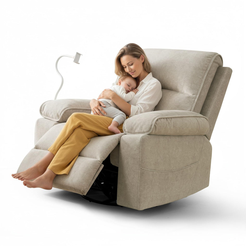 Beige Velvet Swivel Rocker Recliner Chair I452