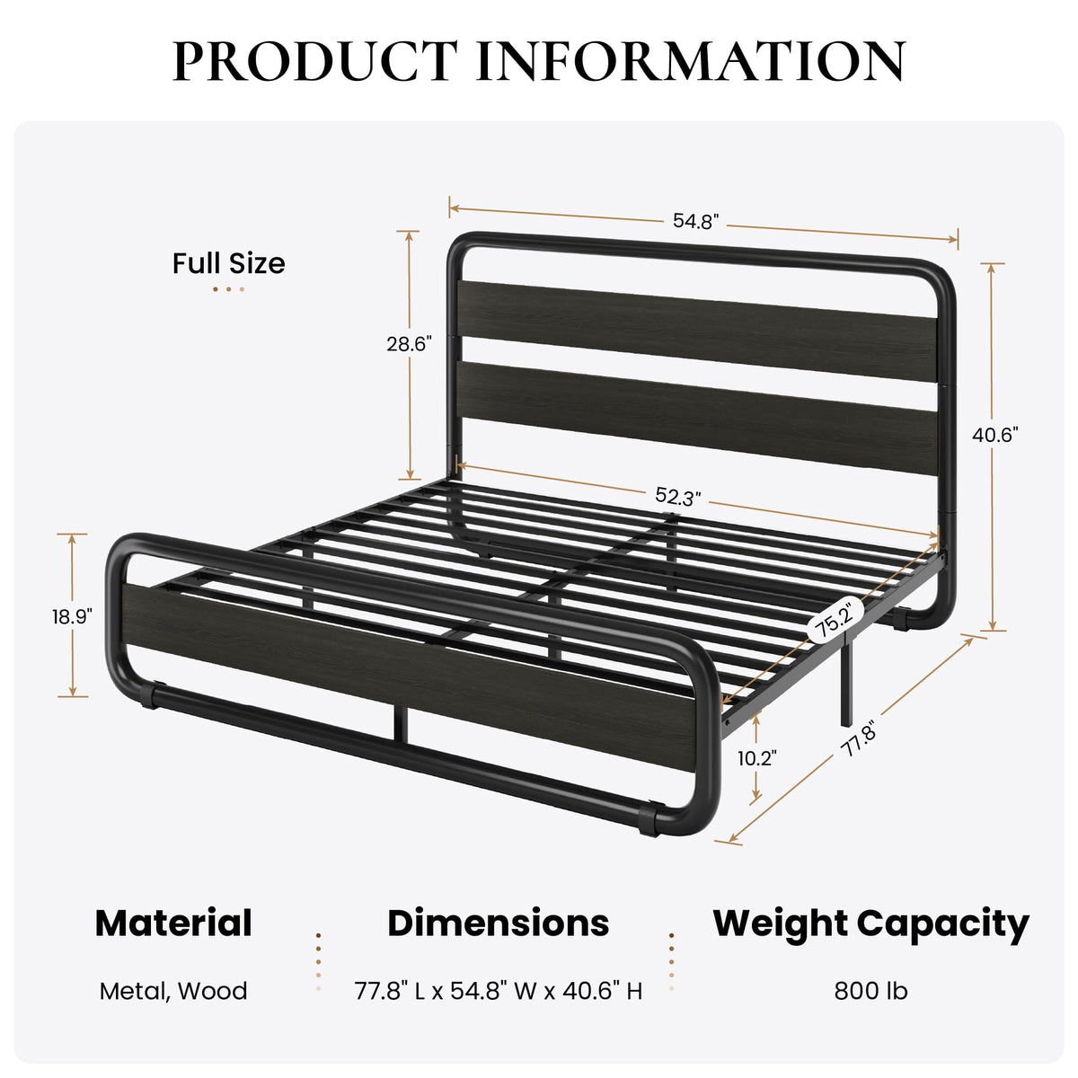 Full Size Metal Bed Frame with Wooden Headboard X422