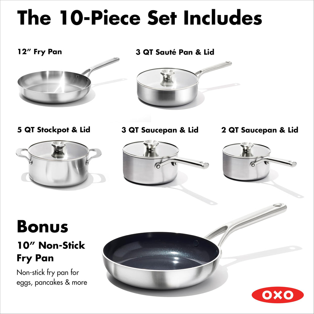 10 Piece Stainless Steel Cookware Set with Ceramic Nonstick Frying Pan L5839