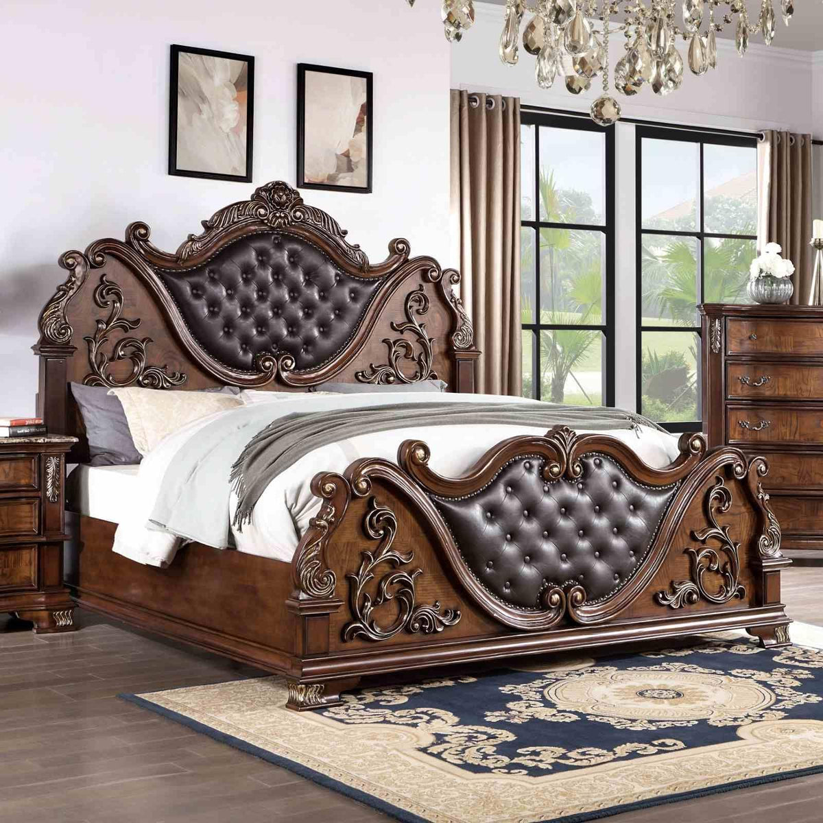 Brown Cherry California King Size Tufted Leatherette Bed V2937