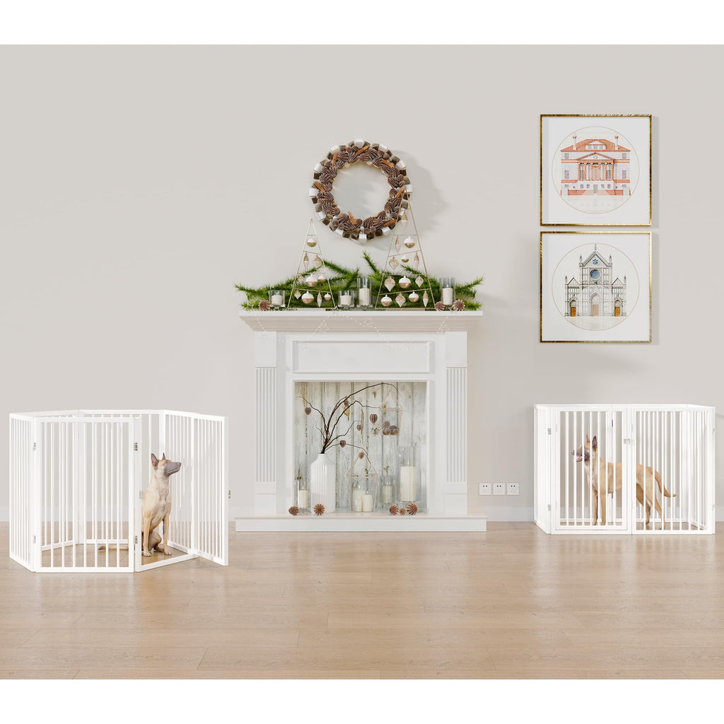120" x 32" Foldable Freestanding Extra Wide Dog Gate with Door, White R55502