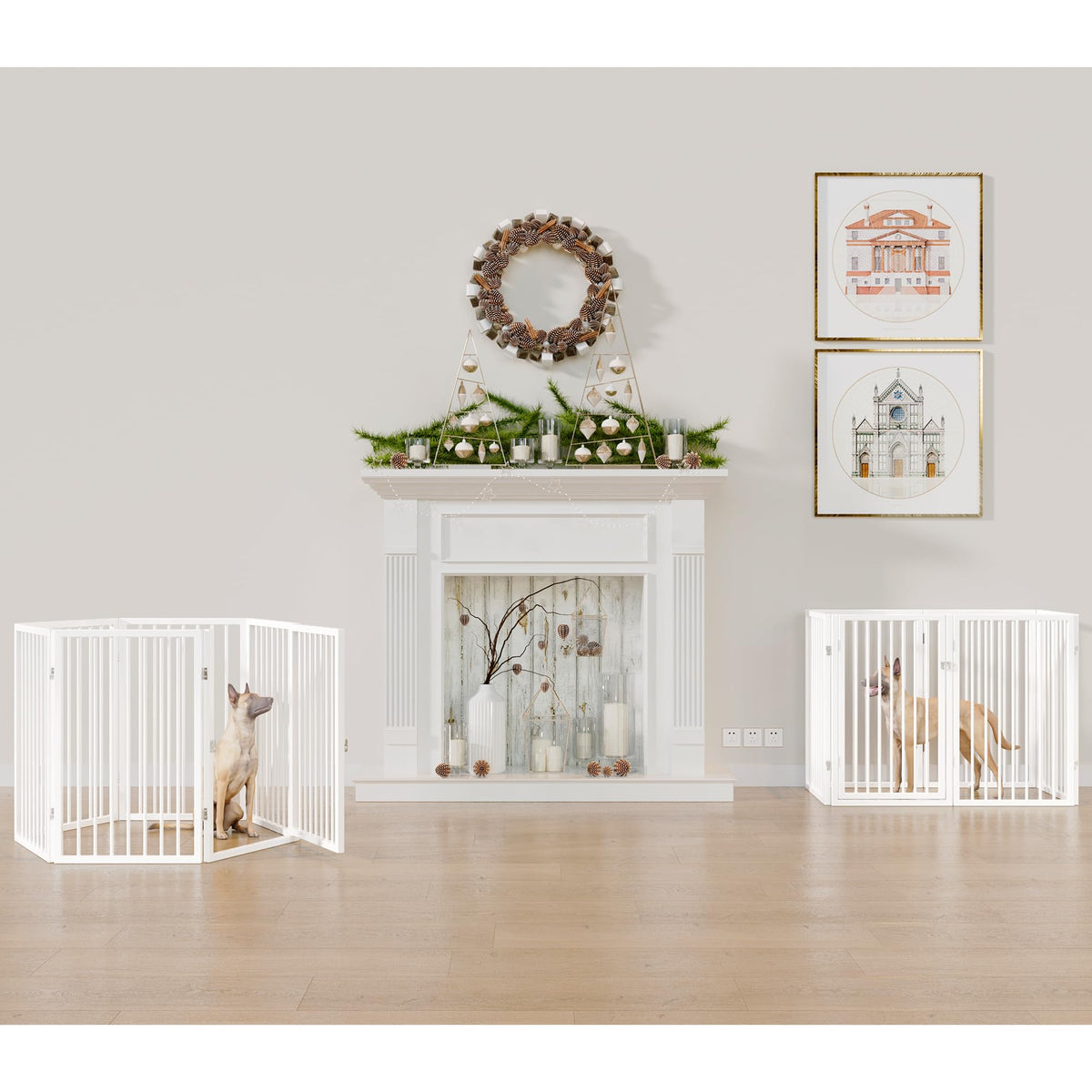 120" x 32" Foldable Freestanding Extra Wide Dog Gate with Door, White R55502