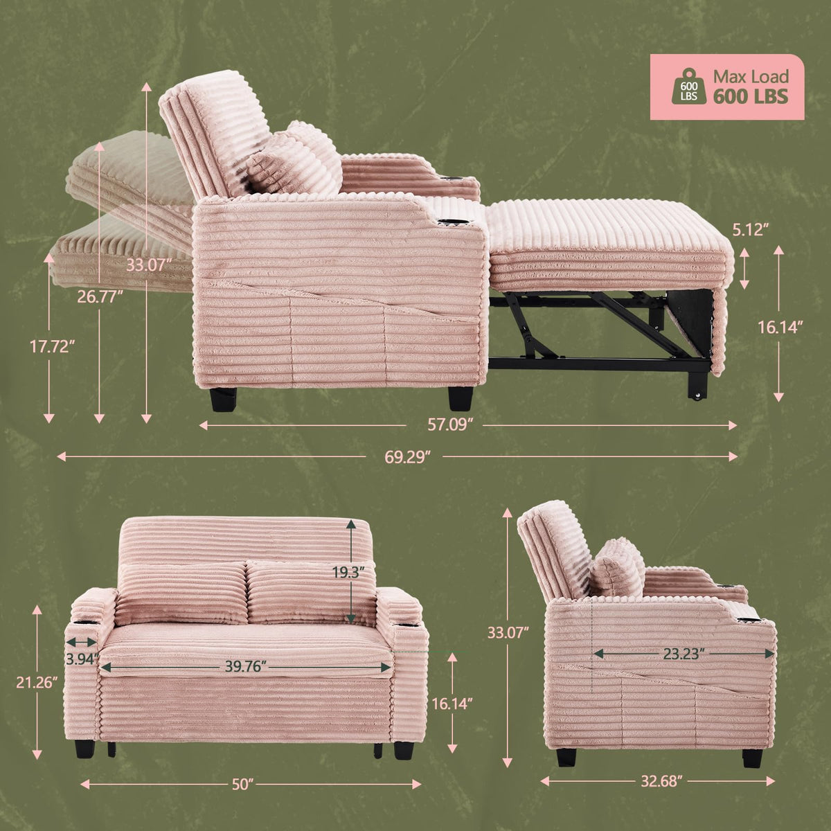 Loveseat Sleeper Sofa Couch with Pull Out Chair Bed L14480