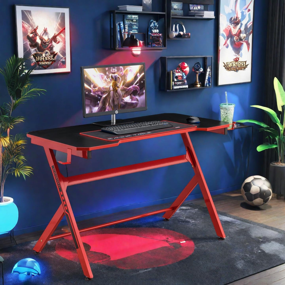 48" Black Red Gaming Computer Desk with Cup Holder P402655