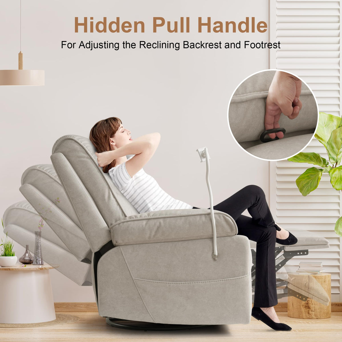 Beige Velvet Swivel Rocker Recliner Chair I452