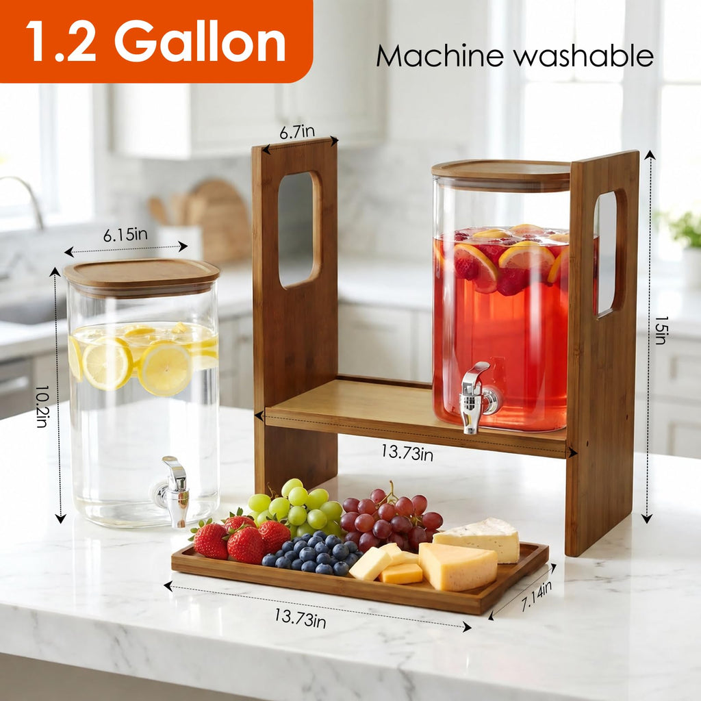2 PCS 1.2 Gallon Glass Drink Dispenser with Stand and Serving Tray D5847