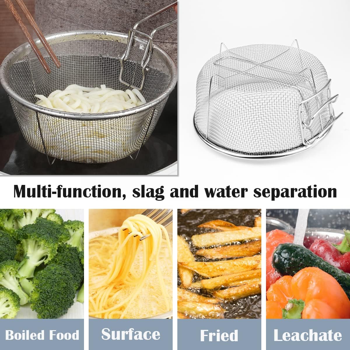 Stainless Steel 8inch Round Wire Fry Basket with Folding Handle T375