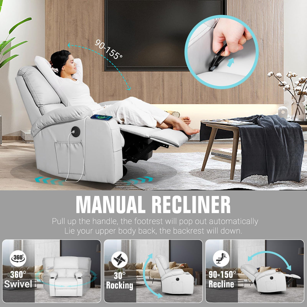 Light Grey Faux Leather Rocking Recliner Chair with Massage and Heat A8700