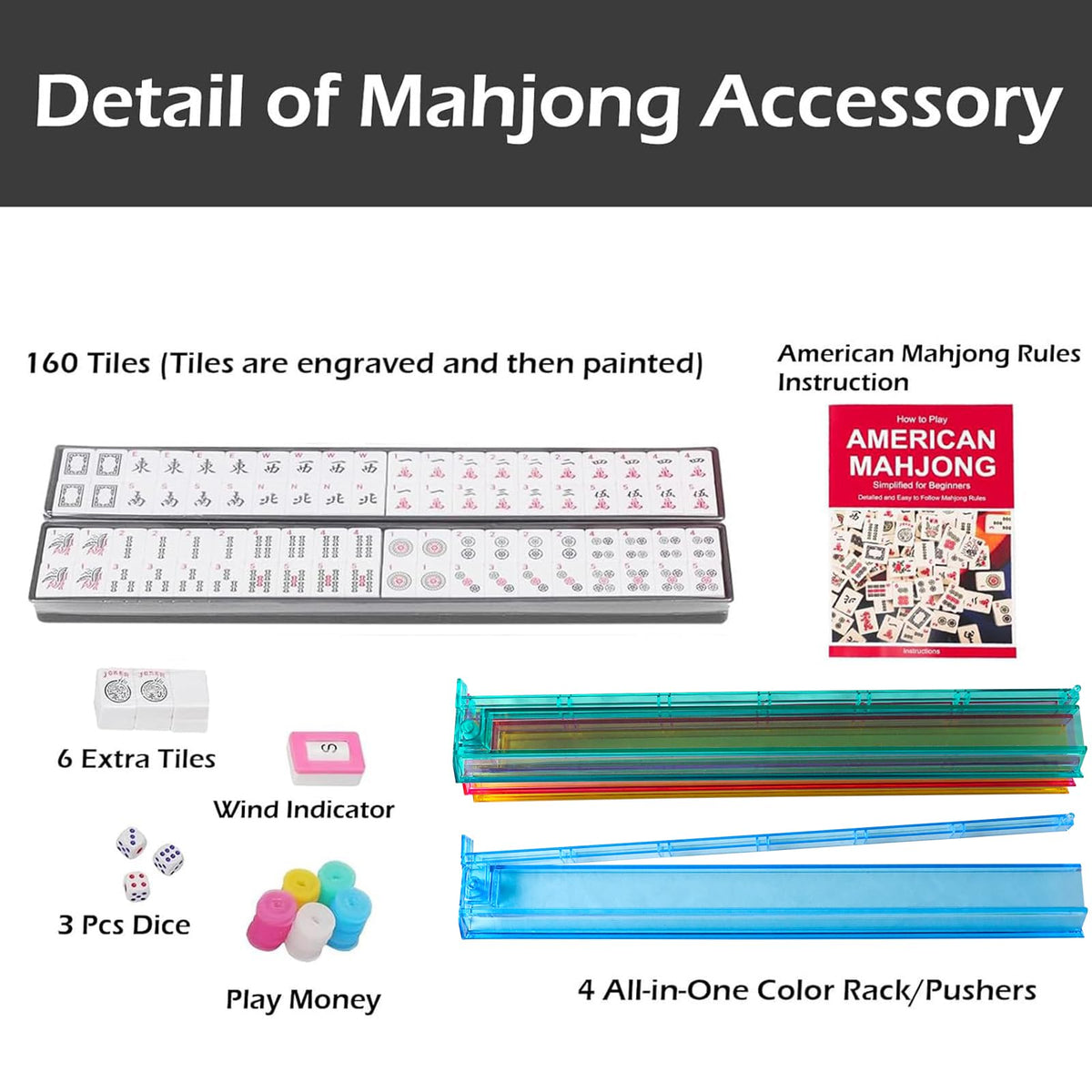American Mahjong Game Set, 166 White Tiles, 4 Color Rack/Pushers, Blue Carrying Bag T3196